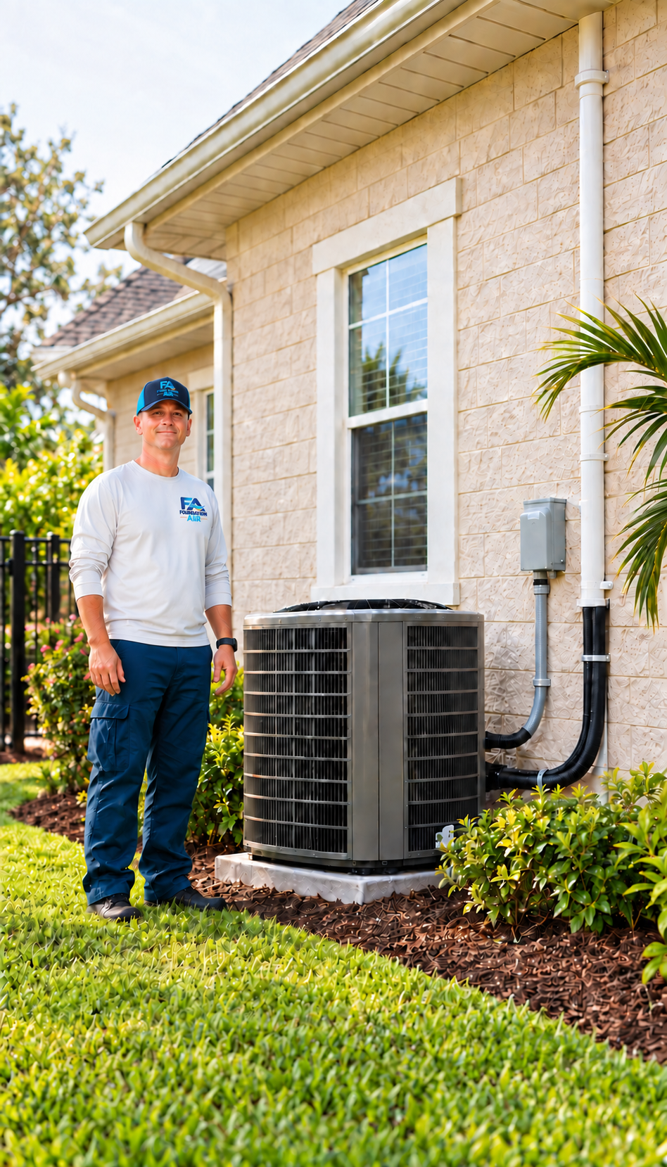 about-2-yAEVsN HVAC professional speaking with homeowners outside a lush Florida residence