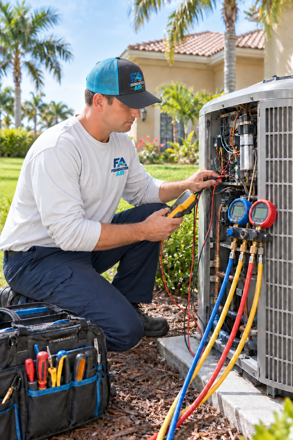 about-2-yLJ8MY HVAC technician inspecting an outdoor condenser beside a Florida home