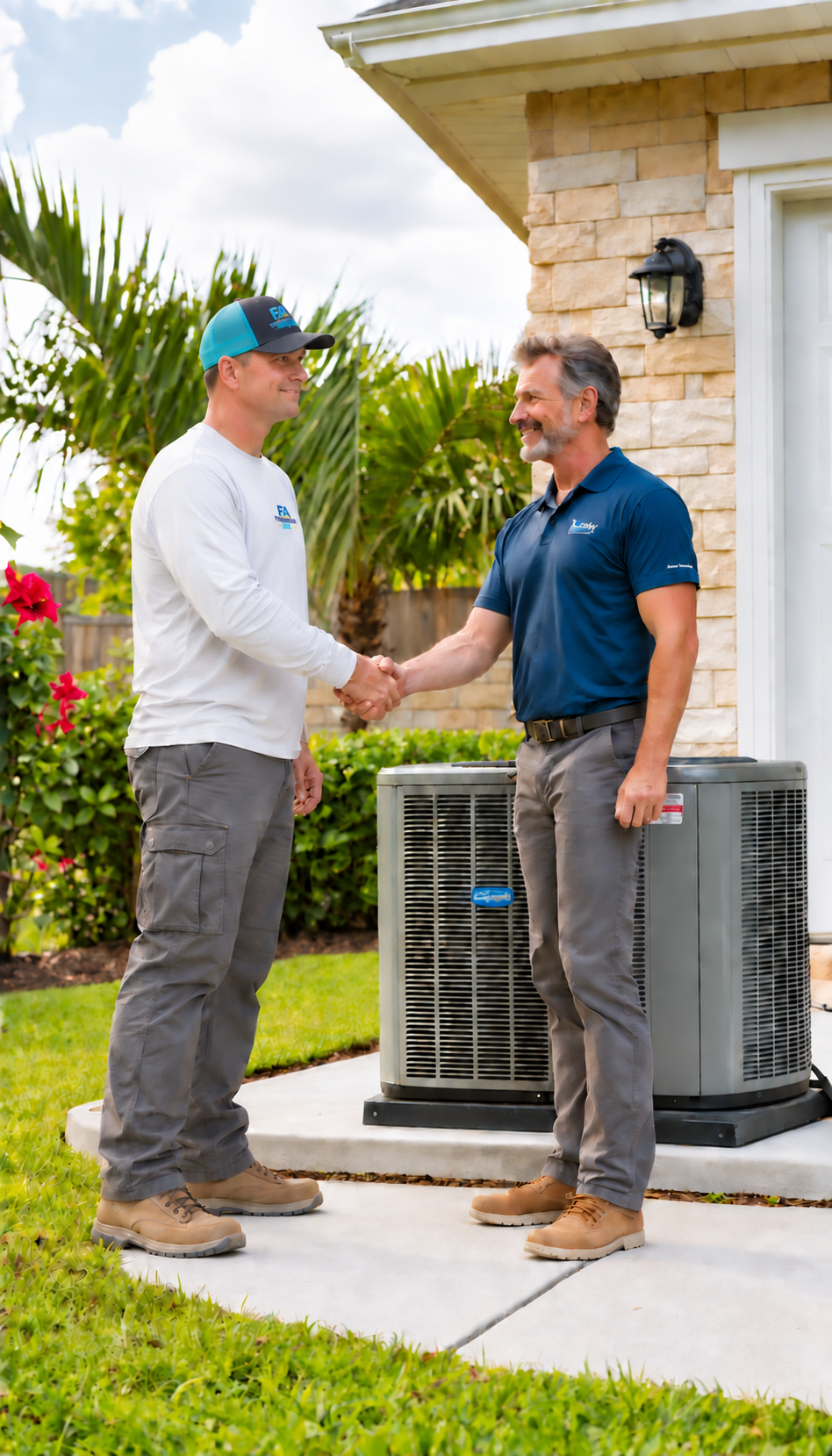 about-3-bk2NAm HVAC technician chats warmly with homeowner beside a pristine Florida home