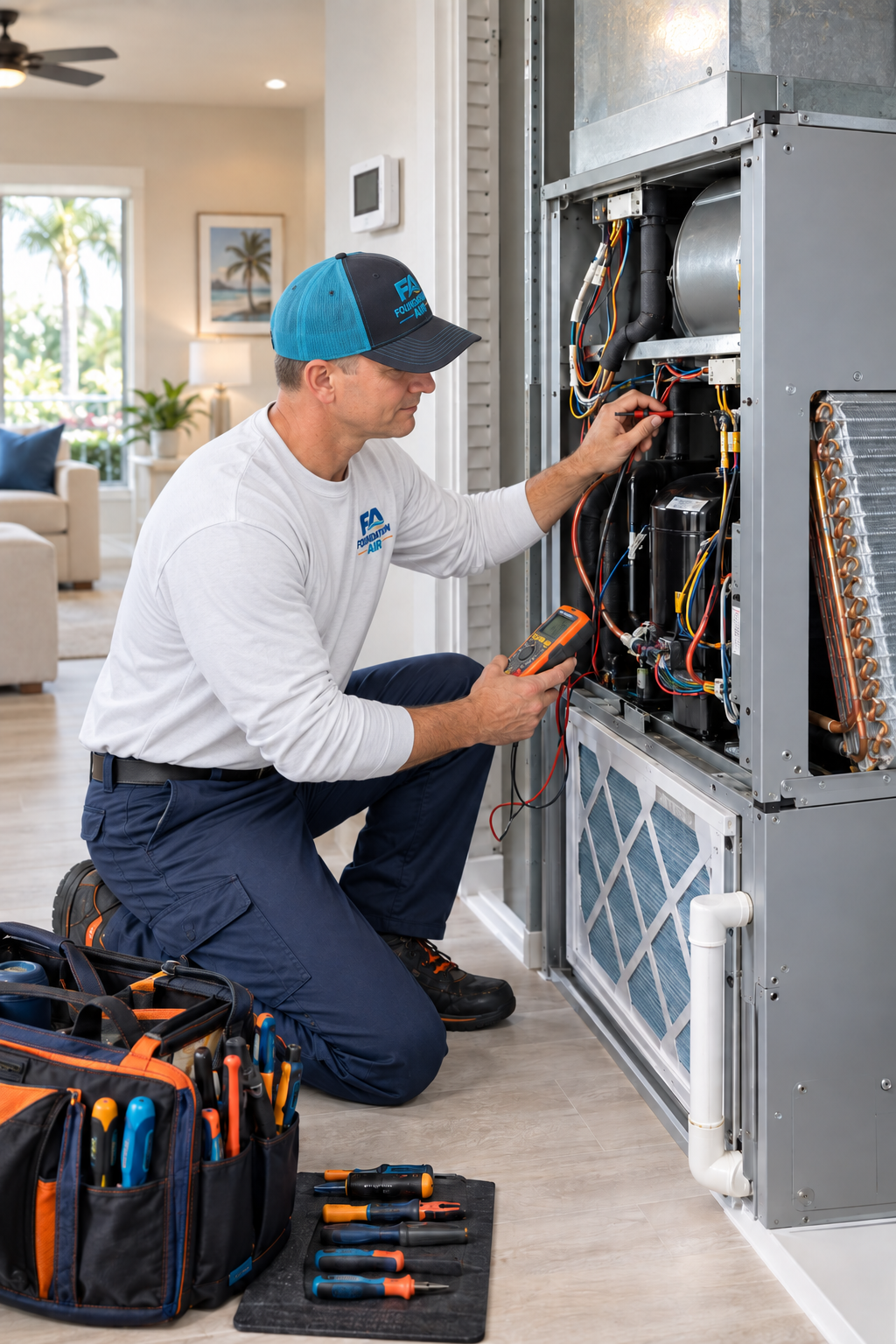 air-conditioning-1-Z1ZP7a HVAC technician inspecting an indoor heating system with diagnostic tools