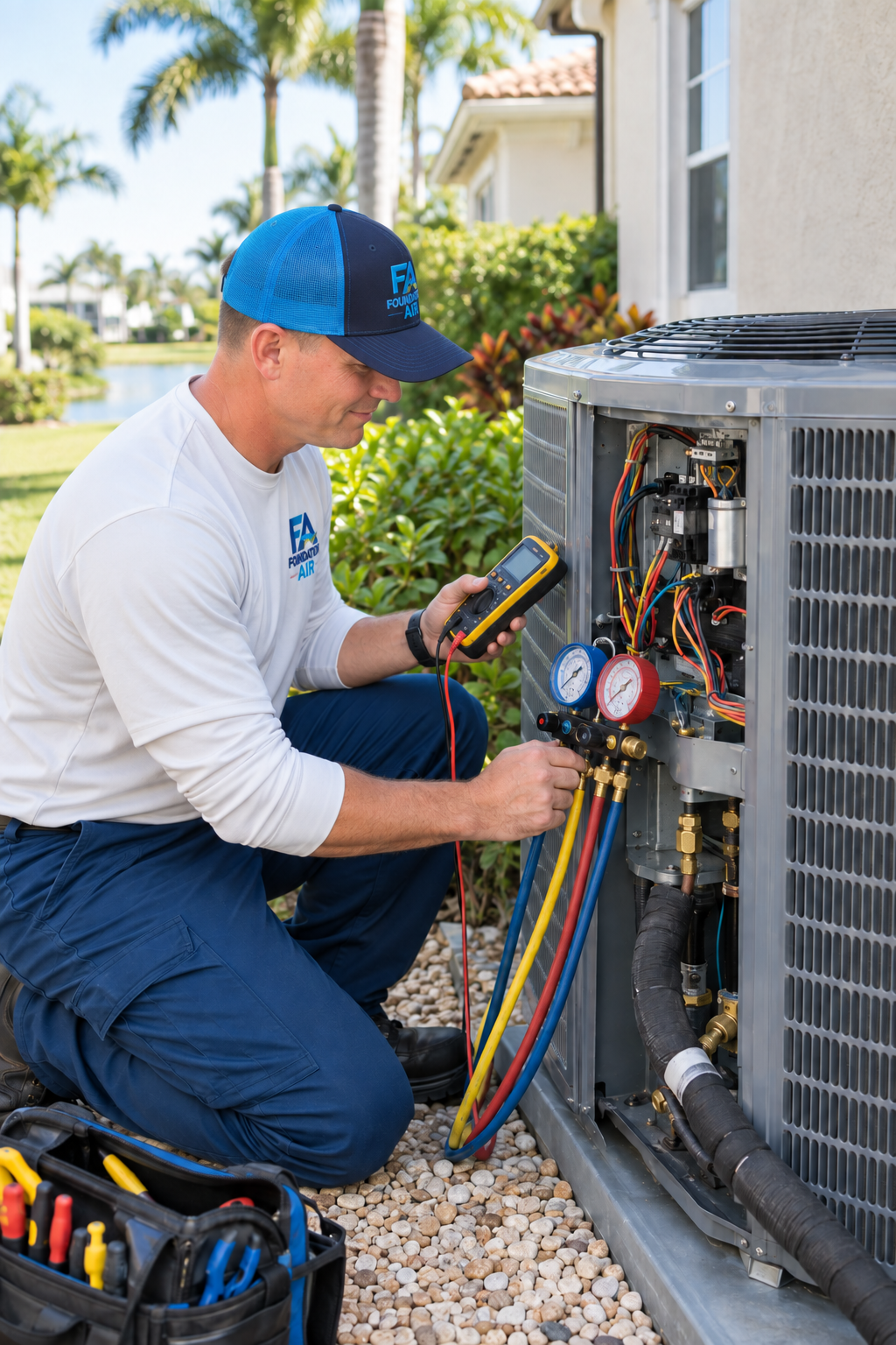HVAC technician diagnosing an outdoor condenser beside a Florida home HVAC technician diagnosing an outdoor condenser beside a Florida home