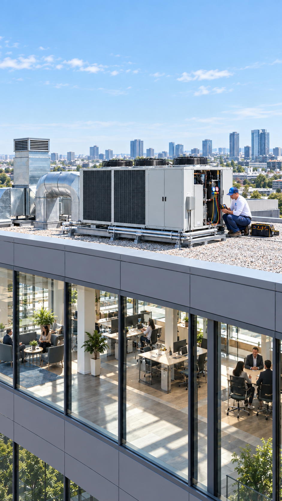 bg-commercial-hvac-BRcgJN Rooftop climate unit above a bright, bustling modern office interior