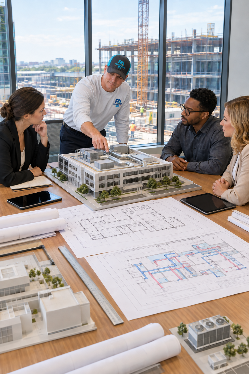 HVAC engineer coordinates rooftop equipment plans with attentive construction team