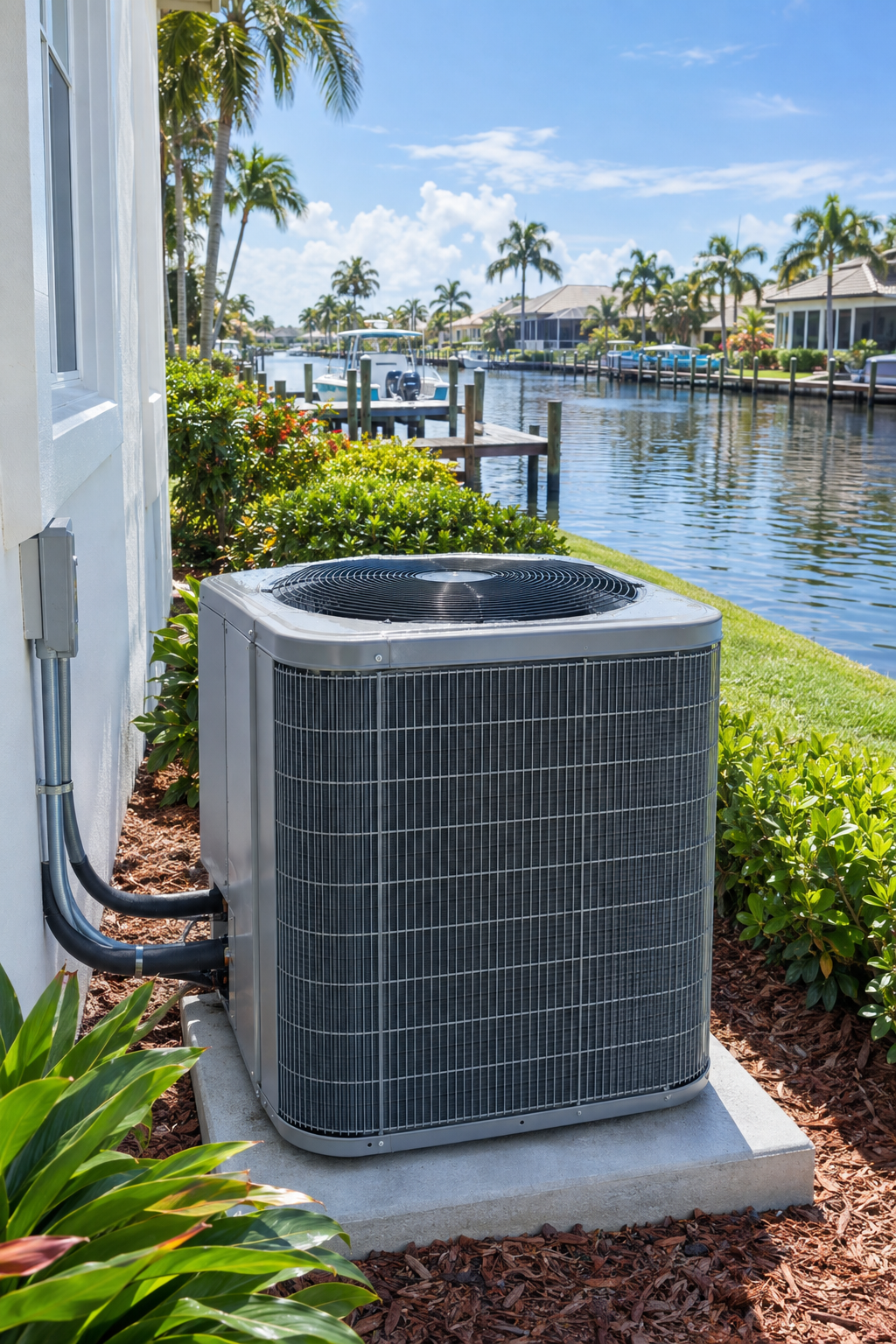 Residential HVAC condenser beside a sunny Florida canal home