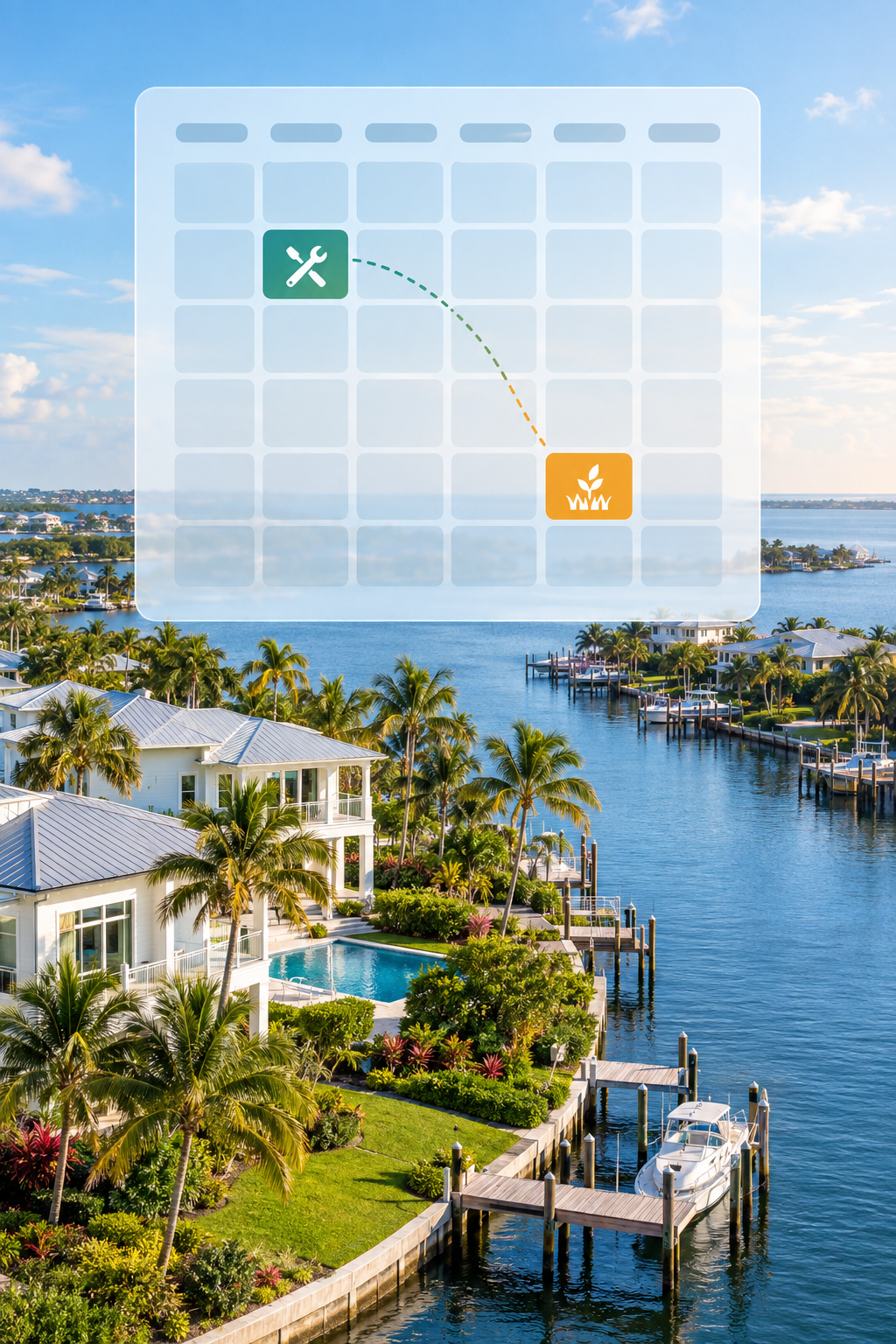 A polished commercial real estate maintenance concept featuring a pristine Florida waterfront community with modern