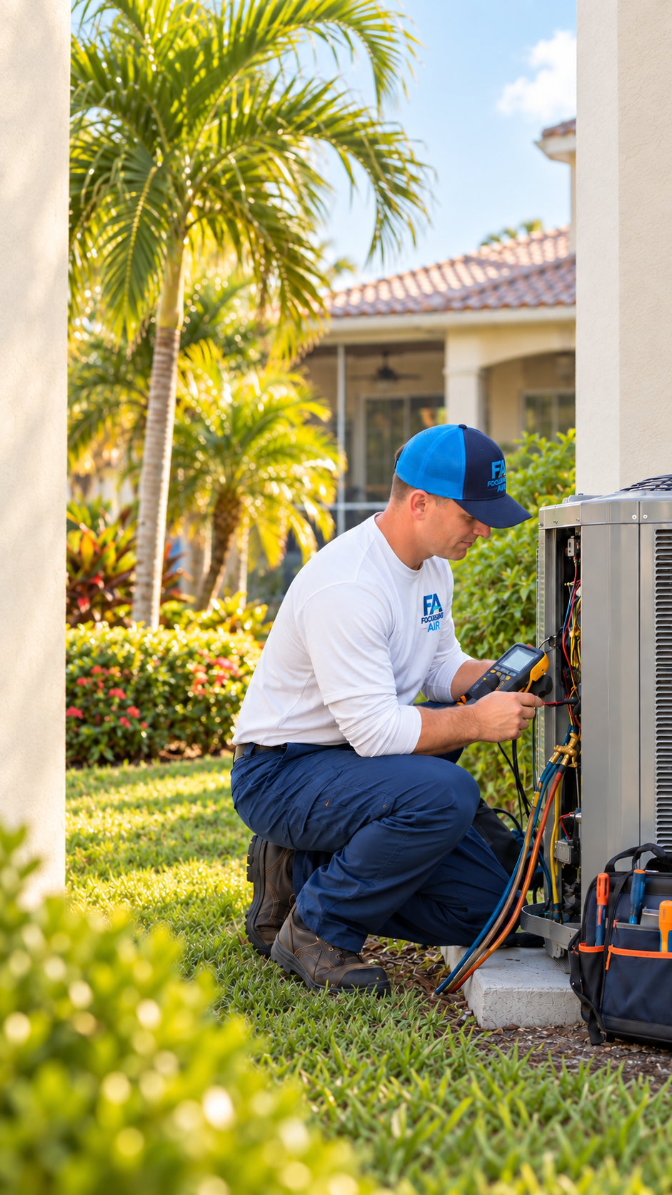 heating-1-On3HUe HVAC technician inspecting a heat pump beside an upscale Florida home