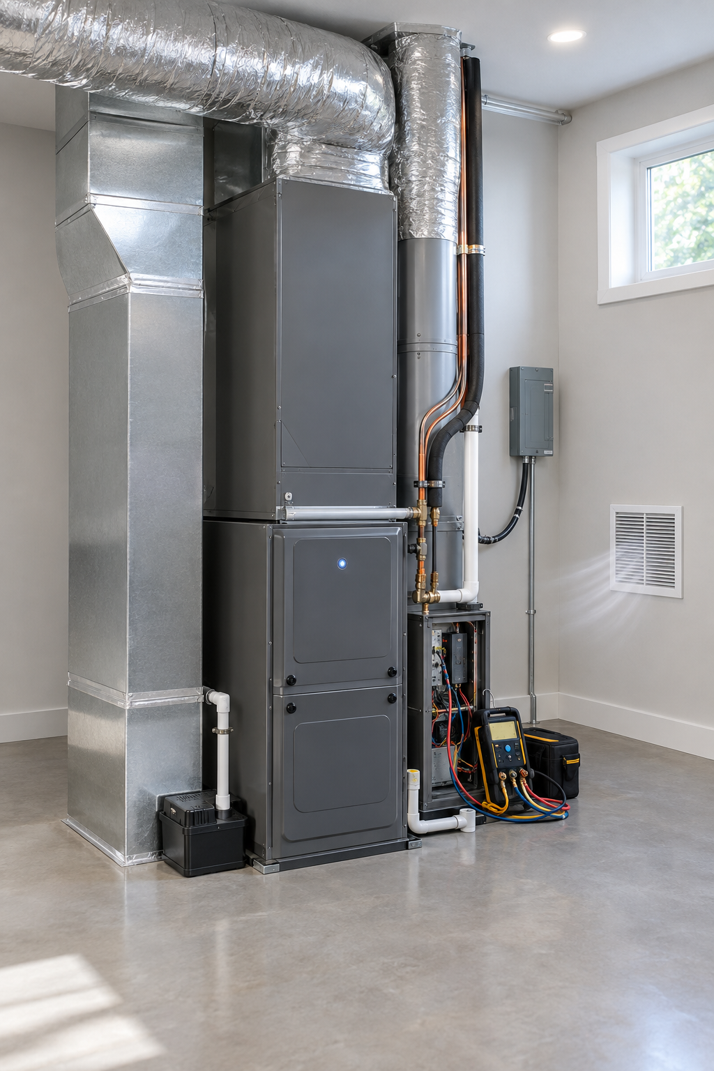 Modern HVAC system commissioned in a pristine, well-lit utility room