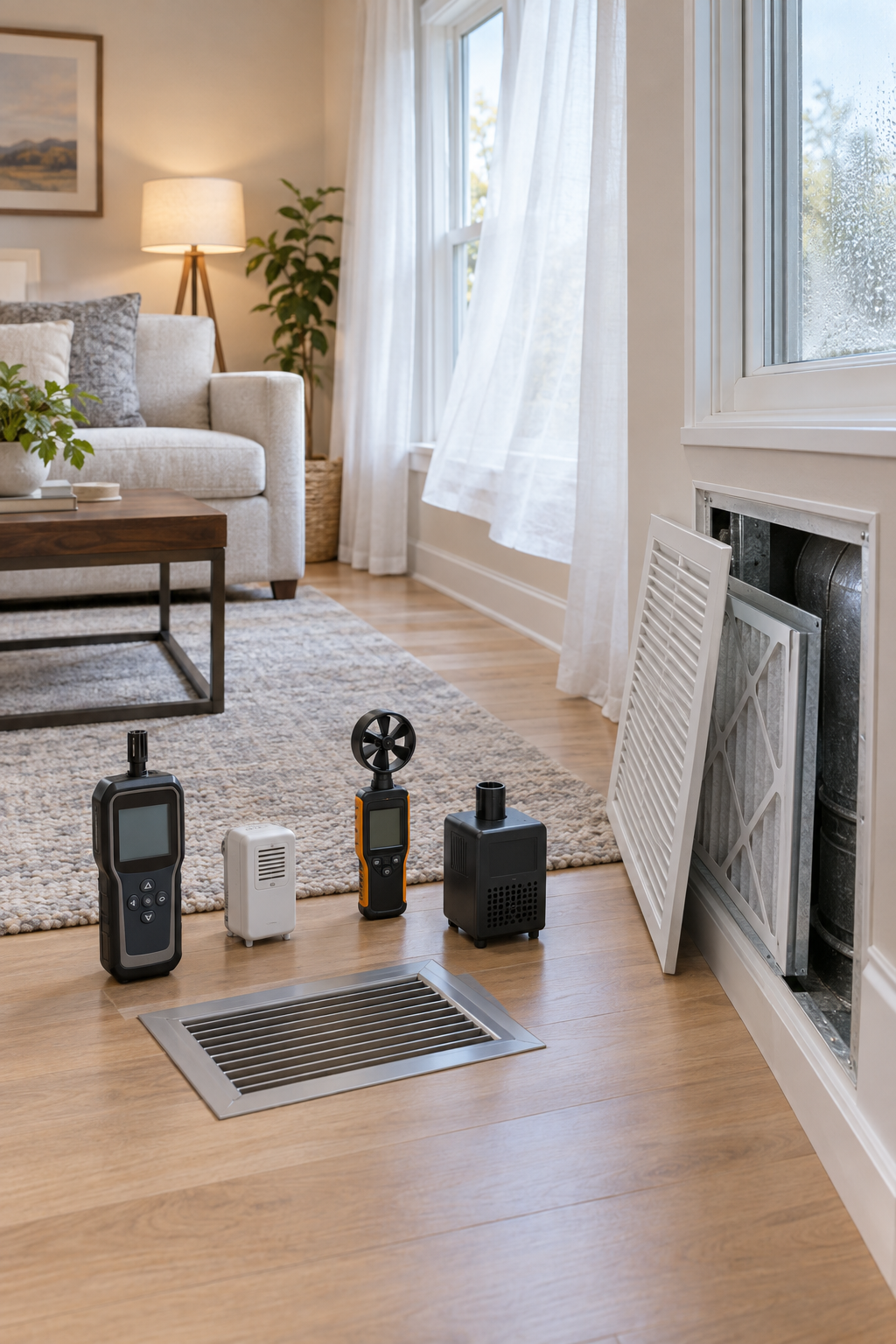 indoor-air-quality-system-evaluation-3Ni6T7 Air quality instruments arranged beside an open living room vent