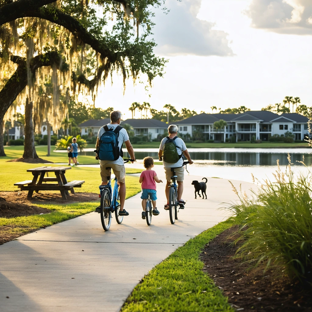 lakewood-ranch-florida-lifestyle-z0MMOs Multigenerational families enjoy cycling, picnicking, and strolling beside a sunny lake