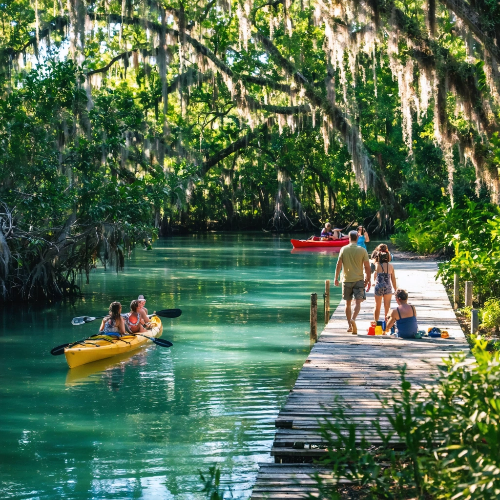 Multigenerational family picnics beside kayakers and a palm-lined Florida spring