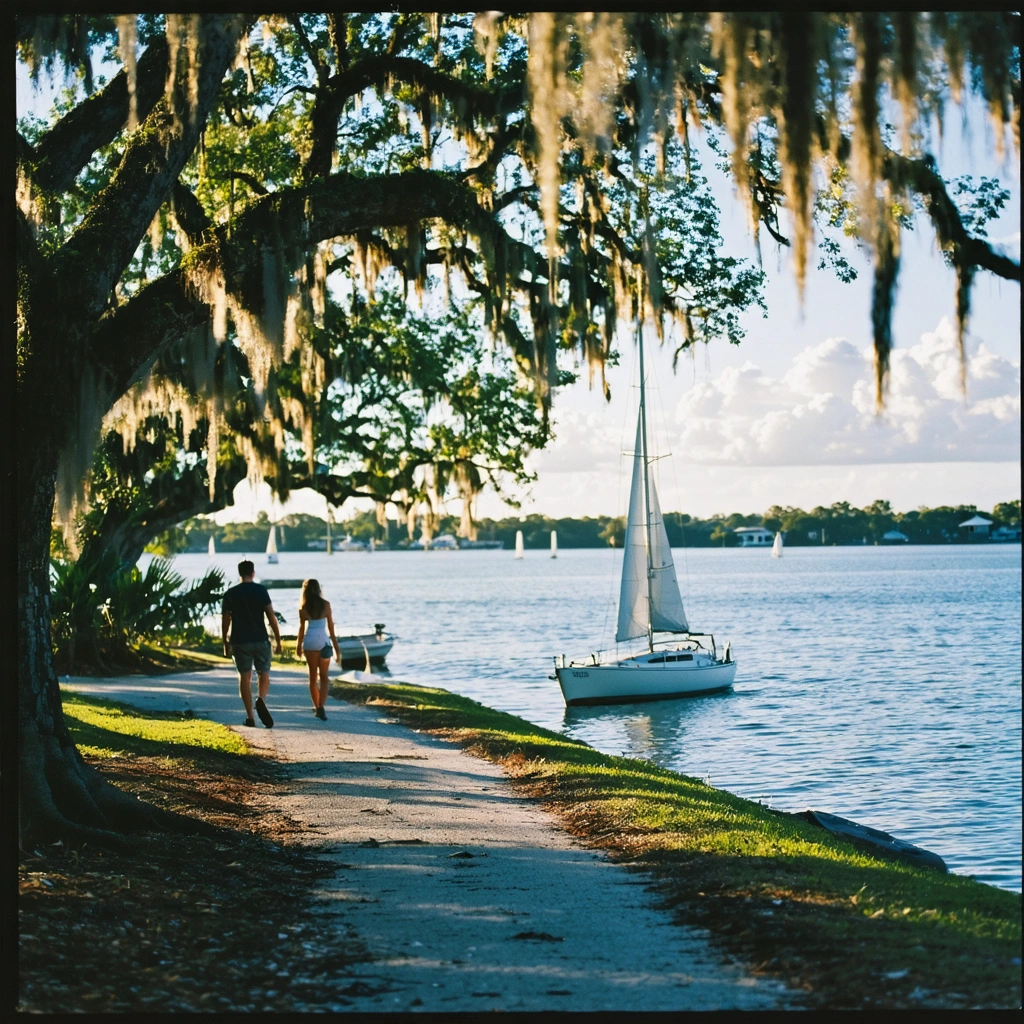 osprey-florida-coastal-lifestyle-6YQhQ0 Couple strolling beneath mossy oaks beside calm Little Sarasota Bay