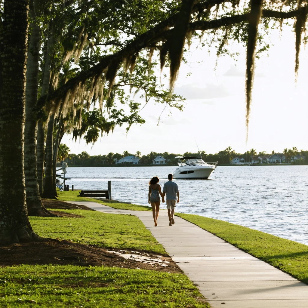 Couple strolling beside Charlotte Harbor as a white boat glides by Couple strolling beside Charlotte Harbor as a white boat glides by