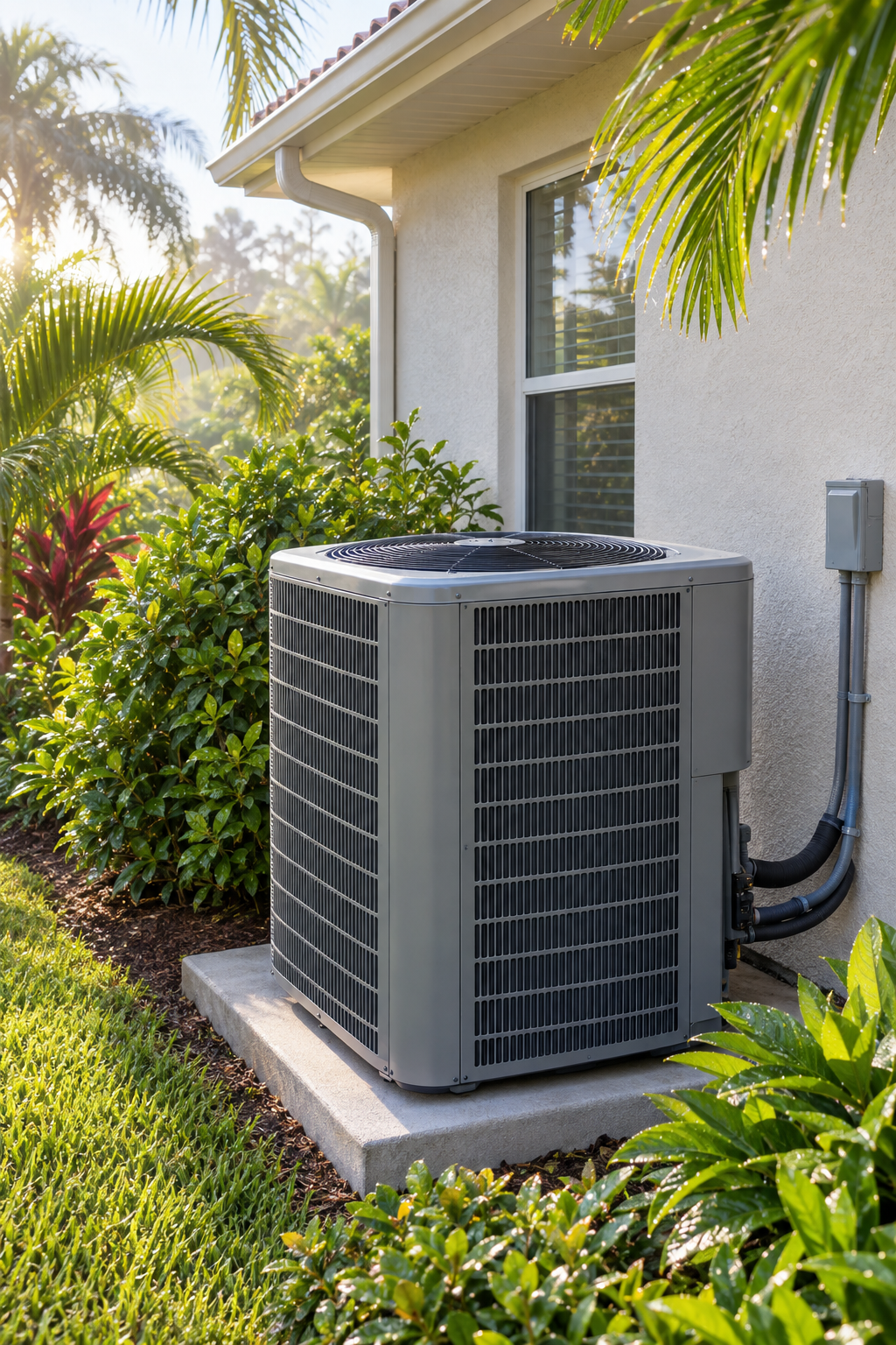 Clean outdoor HVAC condenser beside stucco home and lush tropical foliage