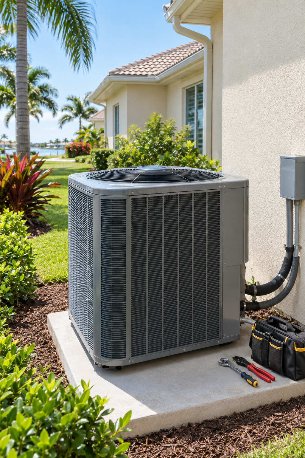 Pristine outdoor air conditioner beside a sunny stucco home and palms
