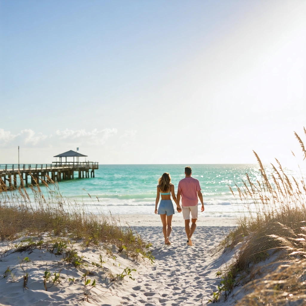 venice-florida-coastal-lifestyle-0NPDXu Relaxed couple strolling along a sunlit Florida beach near a fishing pier
