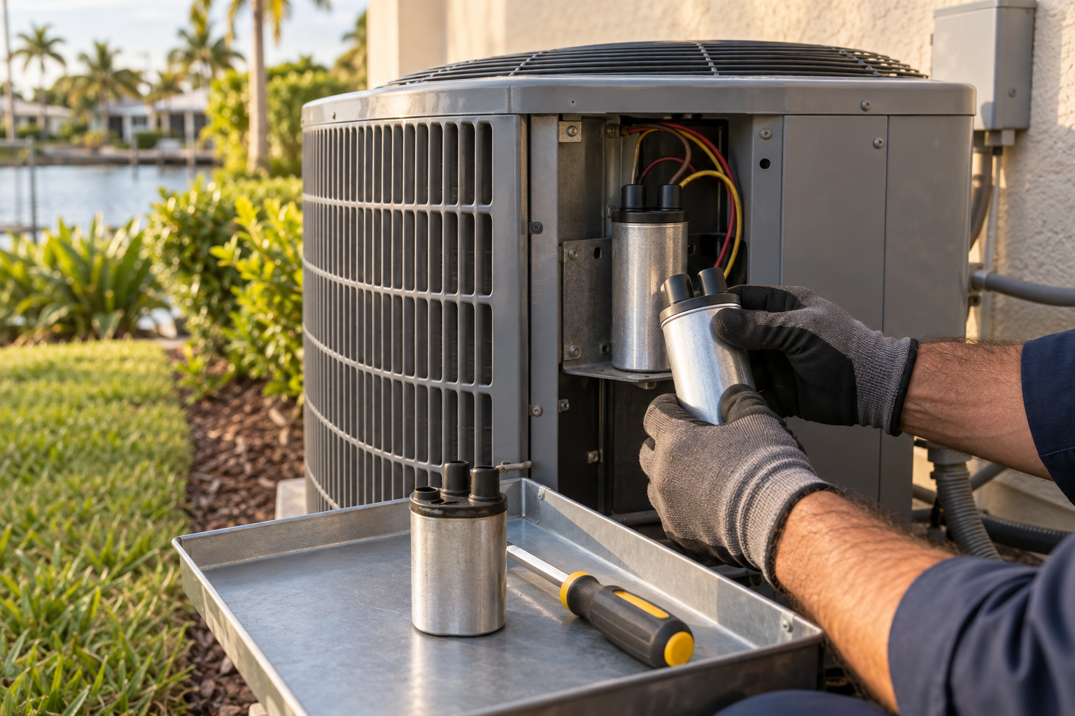 HVAC technician inspecting wiring inside an outdoor air conditioning unit