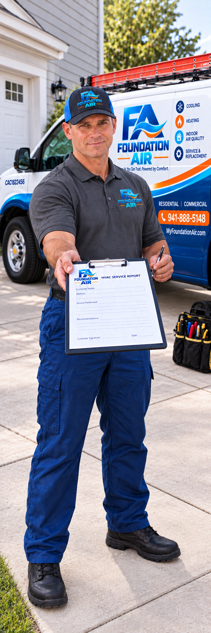HVAC technician inspecting an open air handler with diagnostic tools