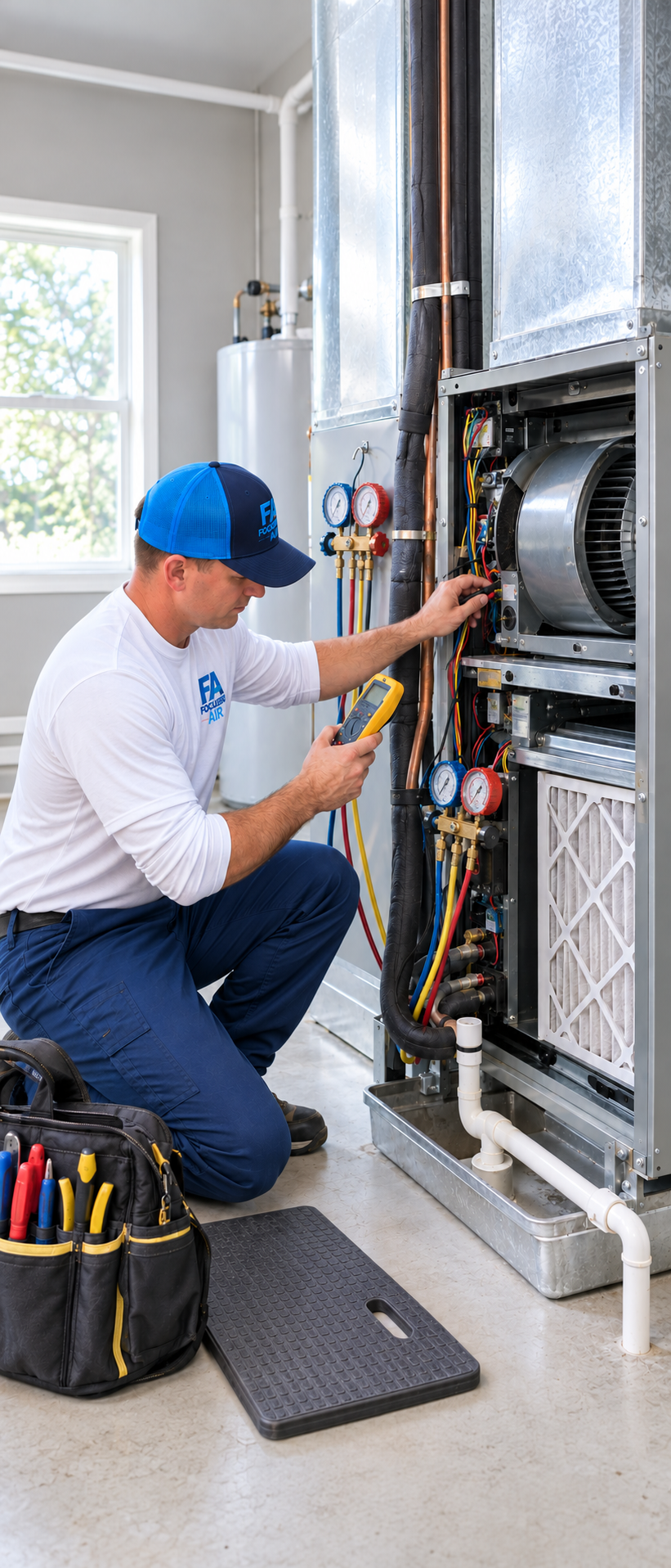 HVAC technician inspecting an open air handler with diagnostic tools