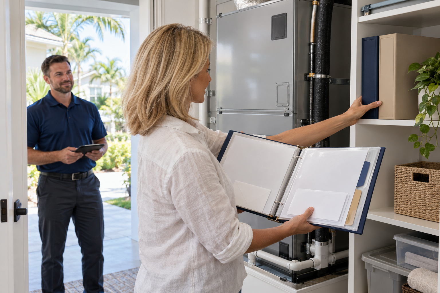 HVAC technician explains aging air conditioner condition to homeowner outside Florida home