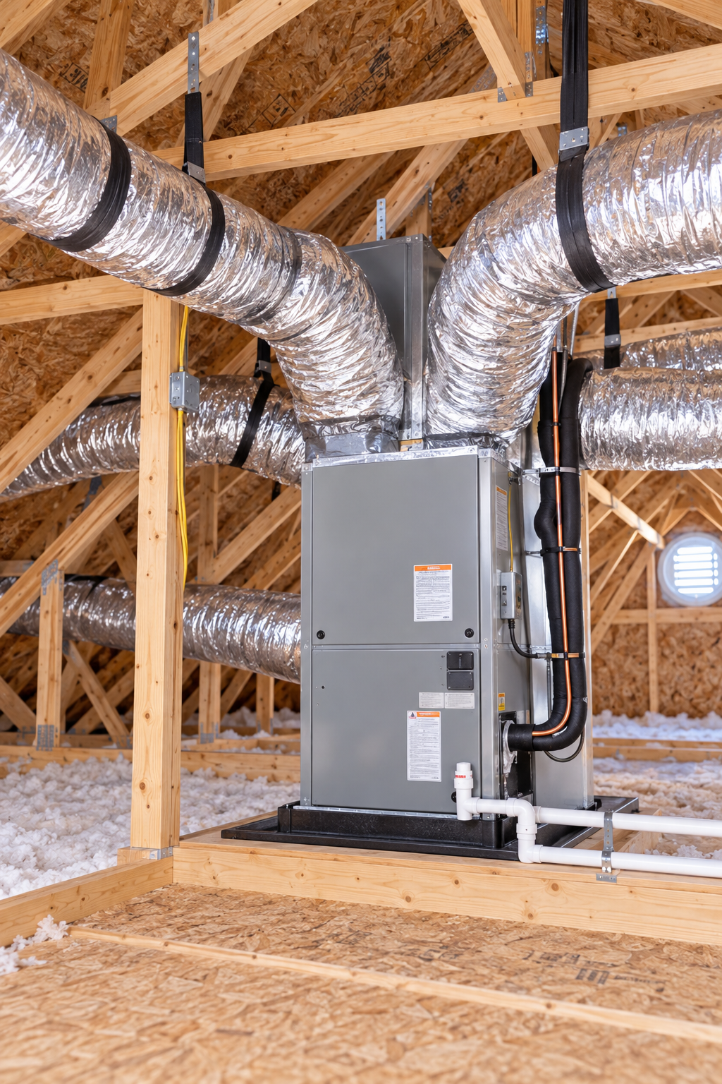 Organized mechanical room with furnace, ductwork, exposed framing, and plans