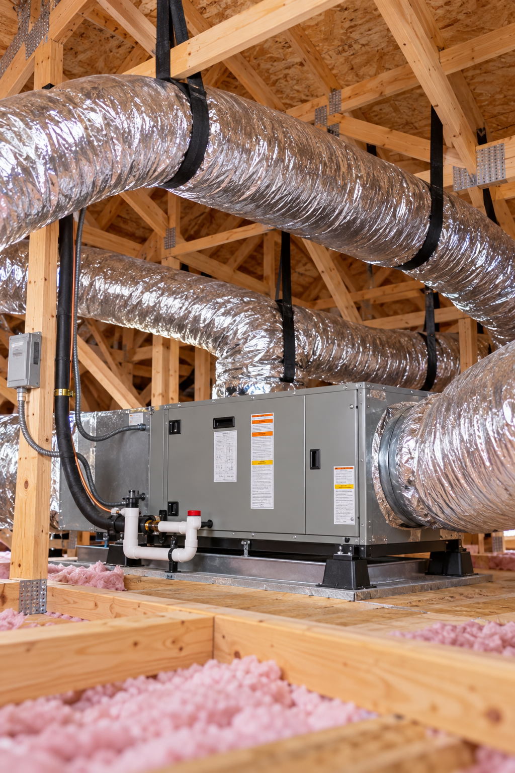 Modern mechanical room with integrated HVAC system and engineering plans