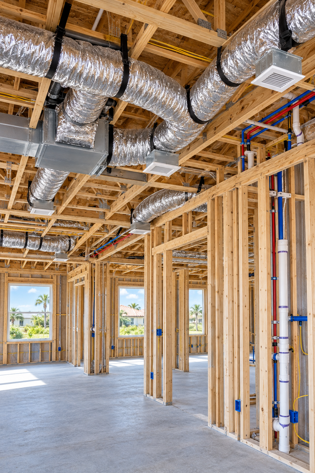 Orderly commercial HVAC rough-in with coordinated utilities and framed walls