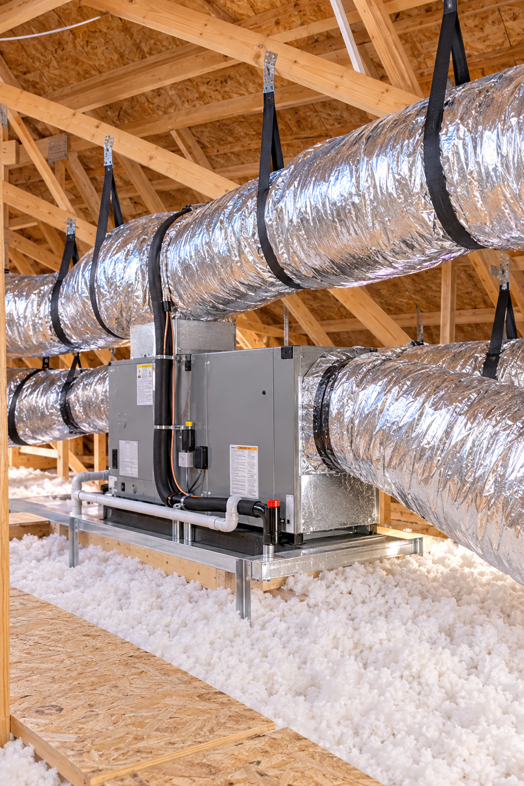 Galvanized HVAC ducts branch neatly above modern ceiling framing
