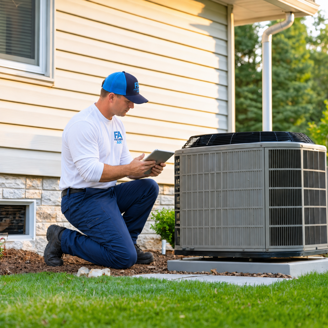 replace-man-in-image-1-with-JmyA8W HVAC technician advises homeowner beside a modern outdoor air conditioning unit