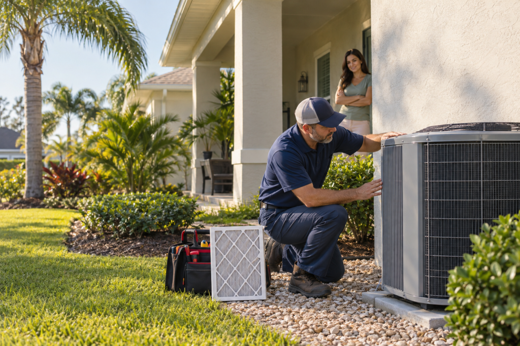 wide-cinematic-hero-photograph-with-an-zDSEZi HVAC technician inspects outdoor condenser while homeowner watches from Florida home porch